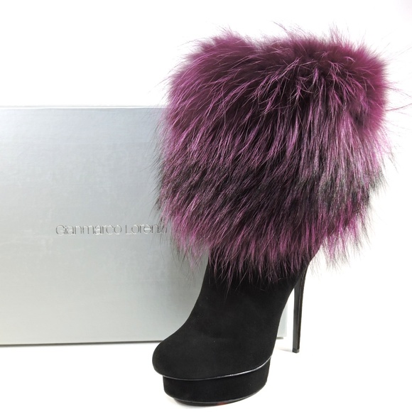 GIANMARCO LORENZI 🇮🇹 WOMEN'S BLACK SUEDE & FOX FUR FASHION BOOTIE - Picture 8 of 8